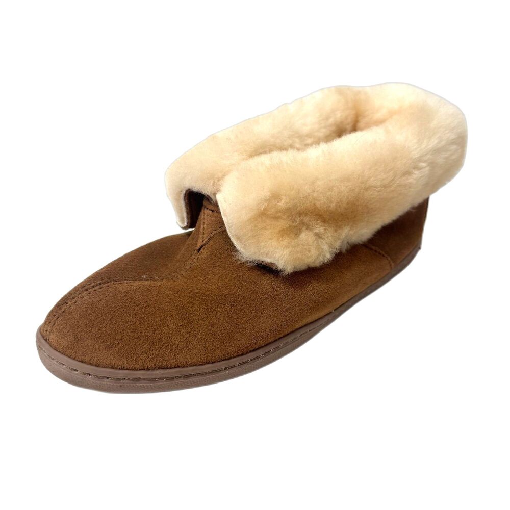 Minnetonka Brown Suede Slipper Booties Cream Fur Lined Cuff Womens Size 10